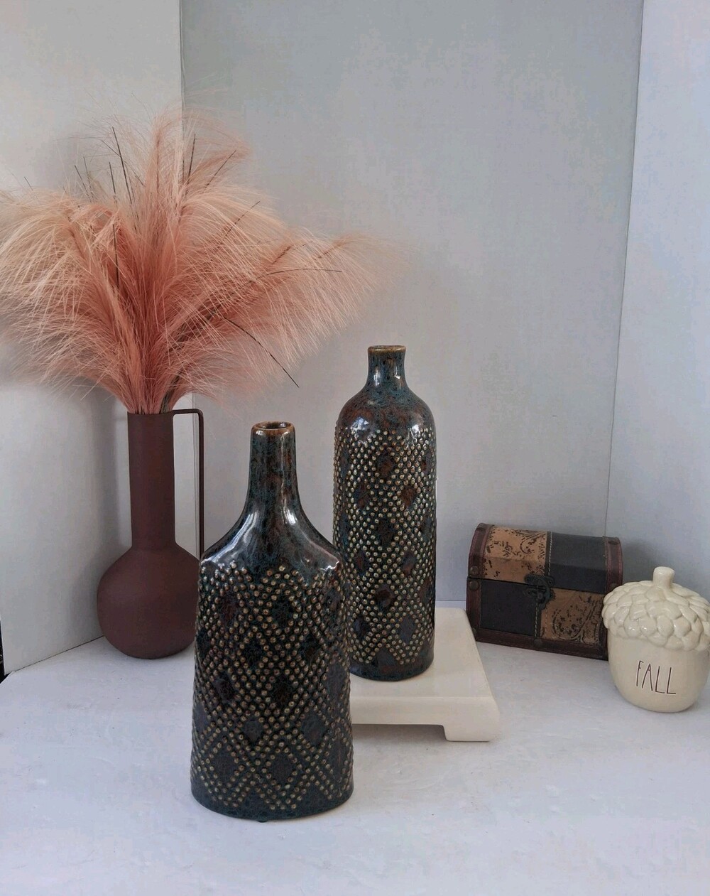 Set of 2 Ceramic Bottle Vases Textured Diamond Pattern Blue Brown Boho